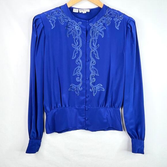 Vintage Anne Klein Royal Blue Embroidered Blouse 6 - Picture 1 of 7